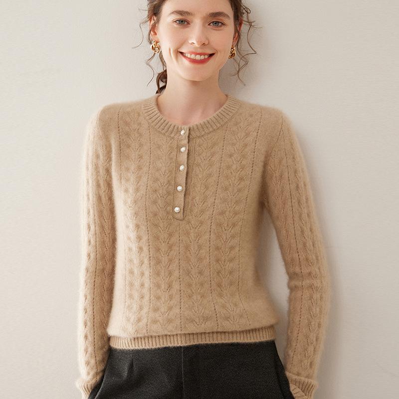 Women's Autumn/Winter Slimming Cashmere Sweater - Round Neck Hollow Jacquard Design with Half-Open Collar
