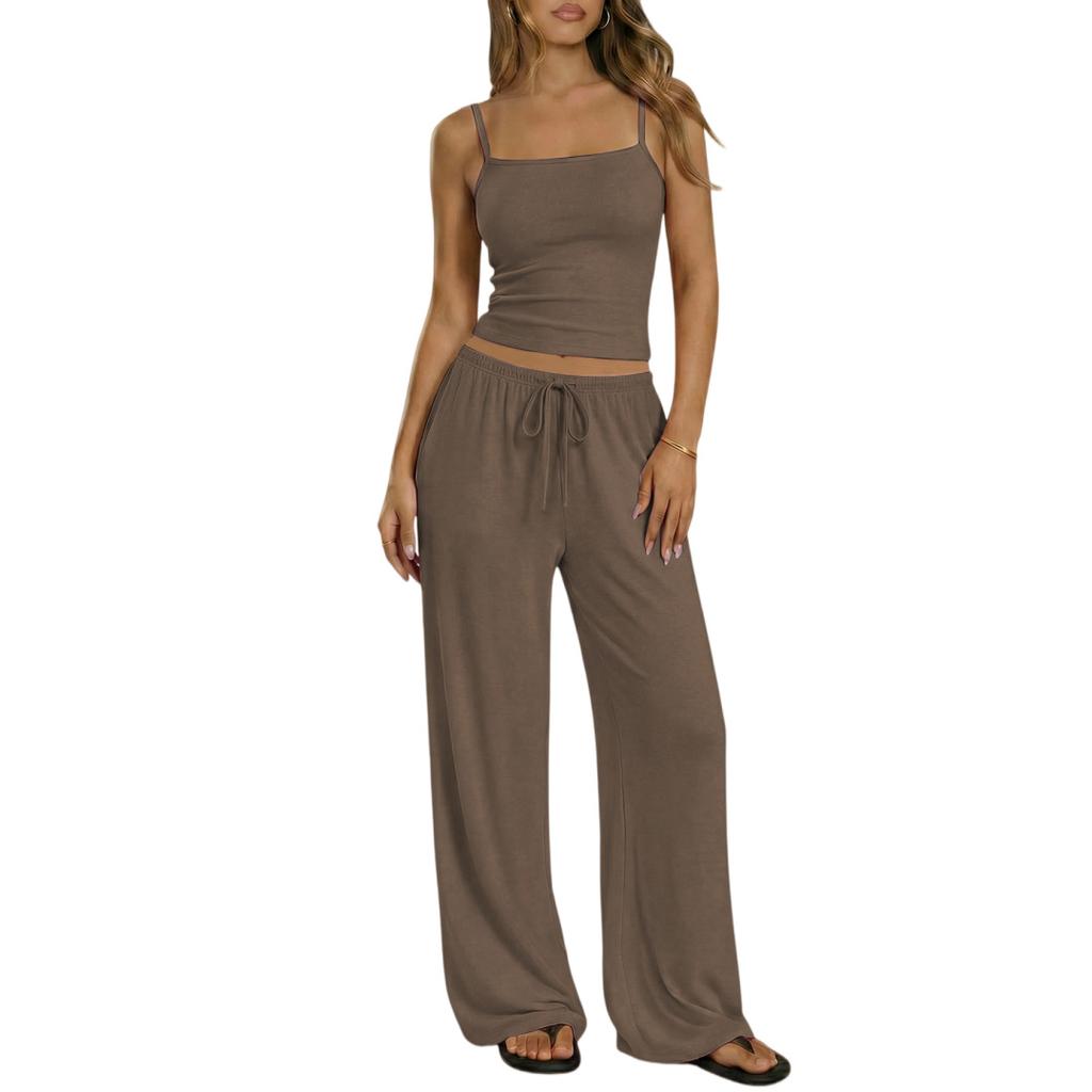 Spring Summer Women Camisole Crop Top Long Pants Casual Wide Leg Pants Lazy Style Set