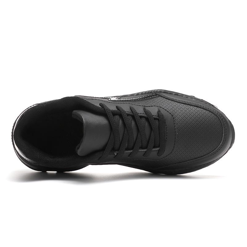 Women's Large Size All-Black Embossed Leather Lace-Up Casual Sports Shoes with Flat Soles