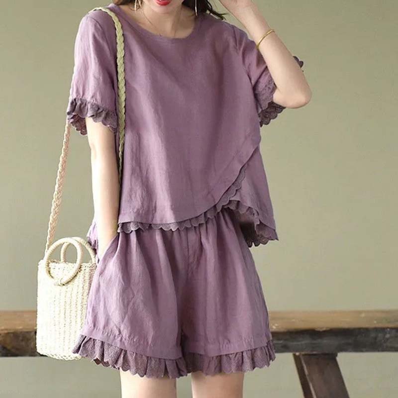 

Шорты из чистого хлопка с короткими рукавами, женский летний костюм Vintagbe, футболка из искусственного хлопка и льна, топ с короткими рукавами, широкие шорты, брюки, комплект из двух предметов M фиолетовый