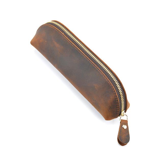 Crazy Horse Leather Zipper Pencil Case Handmade Genuine Leather Retro Pen Organizer Bag