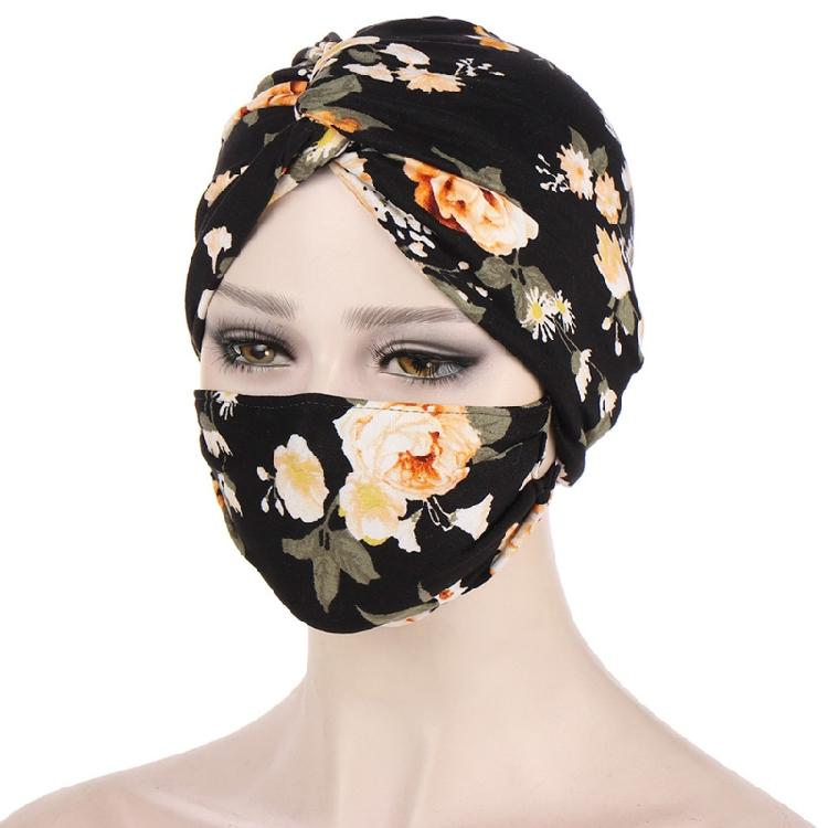 Floral Muslim Hat Face Mask Set Cancer Chemo Hat Slouchy Beanie Hat Inner Hat