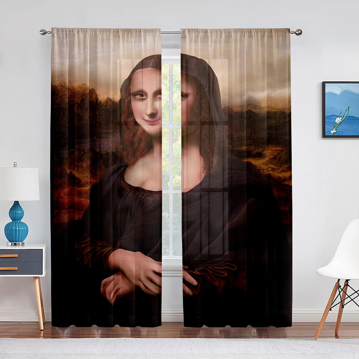 Тюлевая занавеска с изображением Моны Лизы и забавных котят для спальни — фото 9