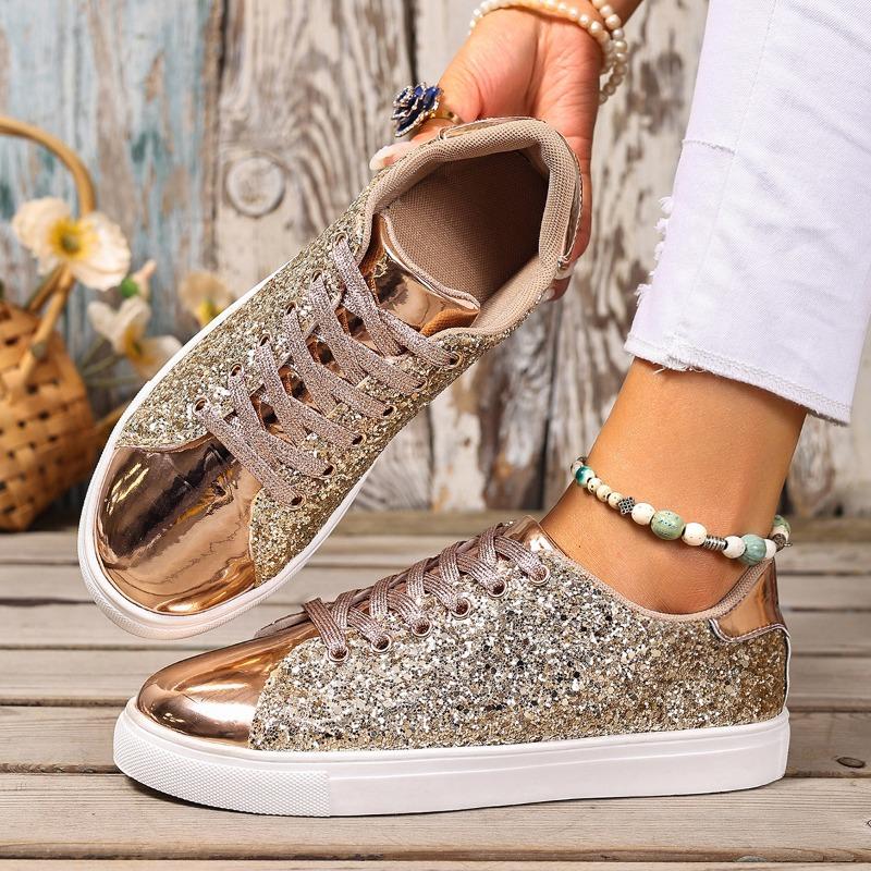 Fashion Korean Version of Trendy Women's Shoes 2025 New Metal Sequin Lace-up Flat Low-top Board Shoes Sports and Casual Versatile