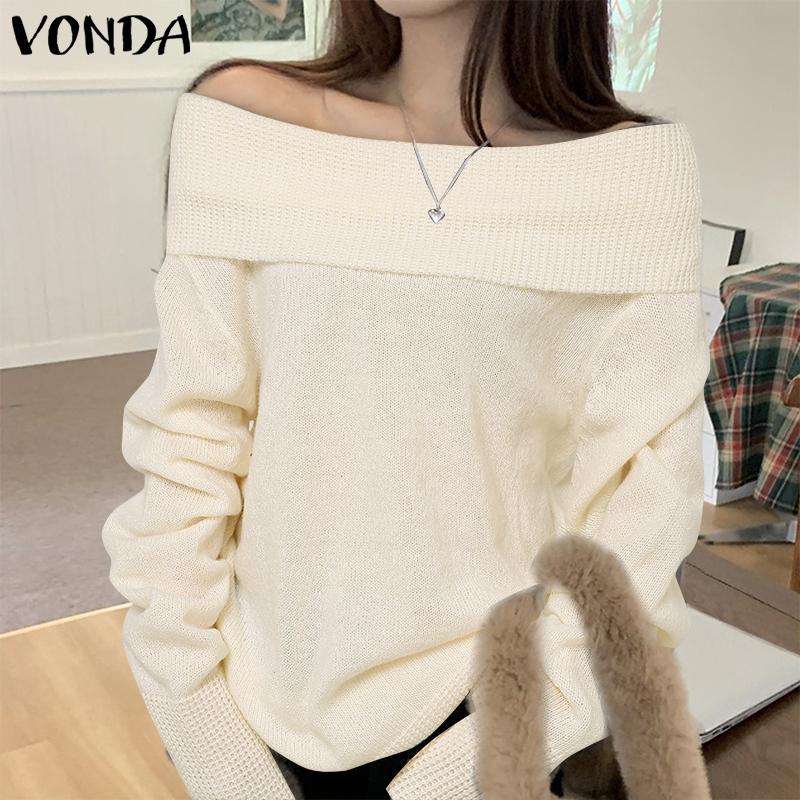 VONDA Women Autumn Off Shoulder Long Sleeve Solid Color Pullover Sweaters