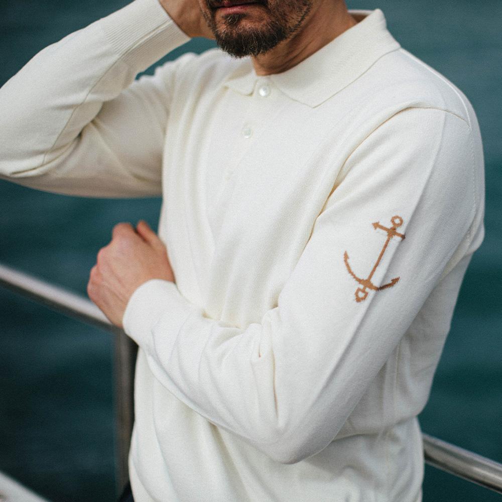 Geonjiulleunseu Cotton Long Sleeve Collared Knit - Ecru