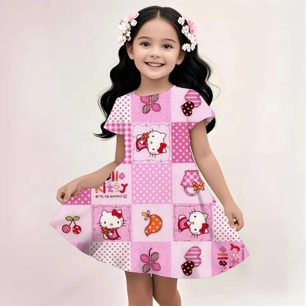 Sanrio New Summer Girls Dress Hello Kitty 3D Printed Fashionable Cartoon Cute Princess Girls Clothes Skirt Party Boys Kitty Cat