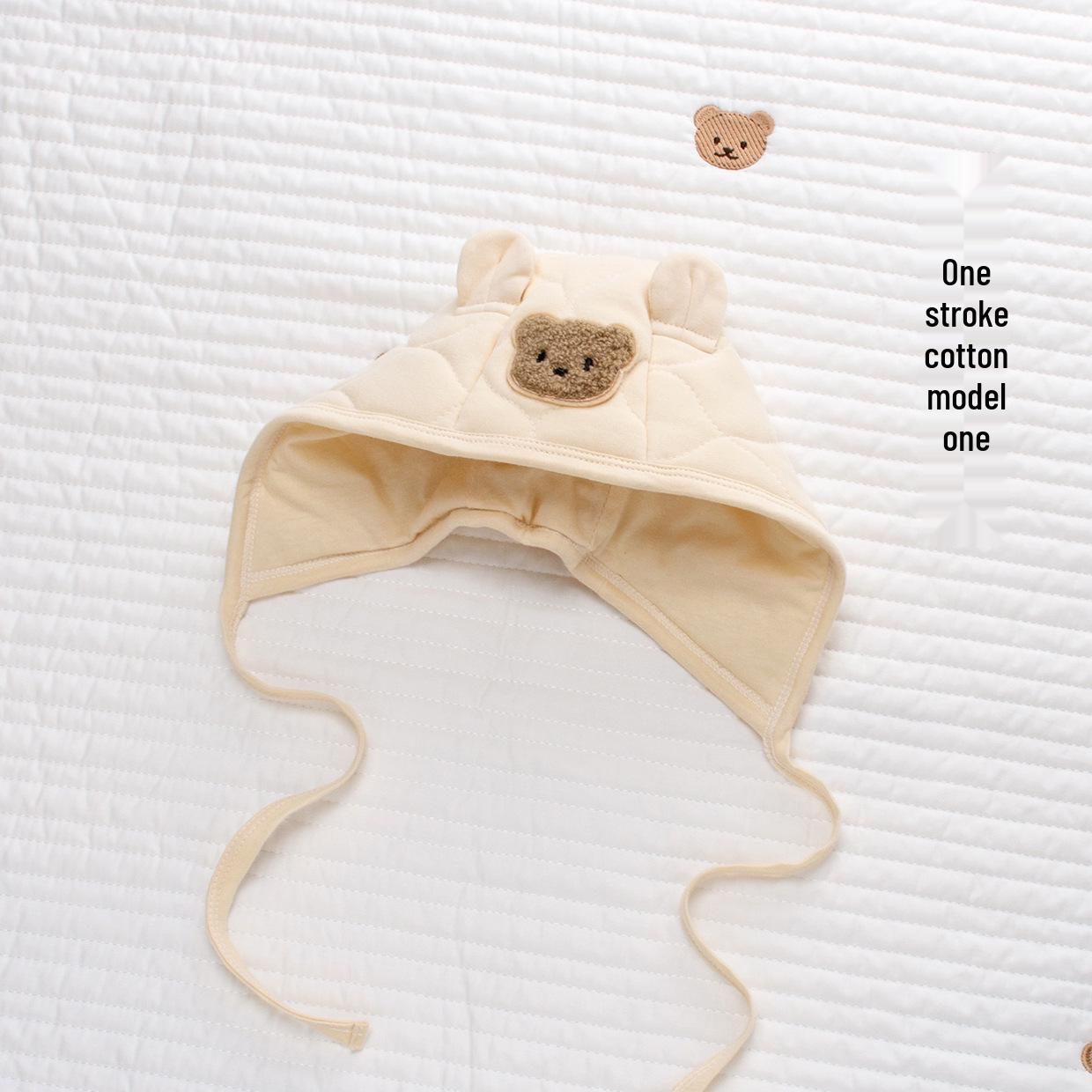 

Шапочка для новорожденного стеганая теплая хлопковая с мишкой: Ветрозащитный, двухслойный, с защитой ушей и лба для осени и зимы. Size M: 4-8 months