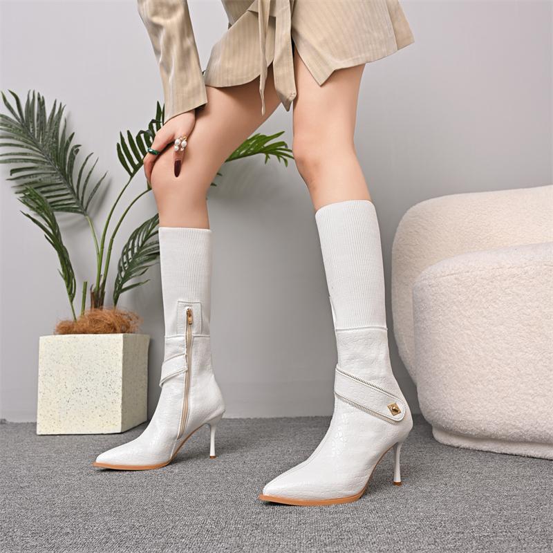 Fashion Women's Stiletto Cotton Boots Winter New Pointed Head Side Zipper Mesh Fabric Stitching Rivets Non-slip High Heels