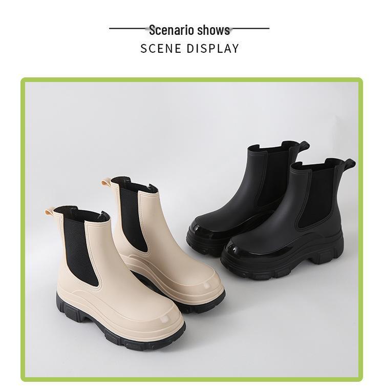 Korean Style Women's Waterproof Chelsea Rain Boots - Mid-Calf Rubber Overshoes with Thick Sole Fashion.