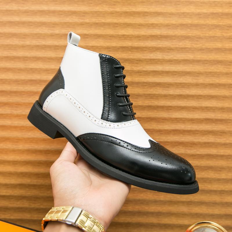 Luxury New Designer Men Pointed Black White Mix Patchwork Casual Ankle Boot Male Winter Fashion High Tops Shoes Zapatos Hombre