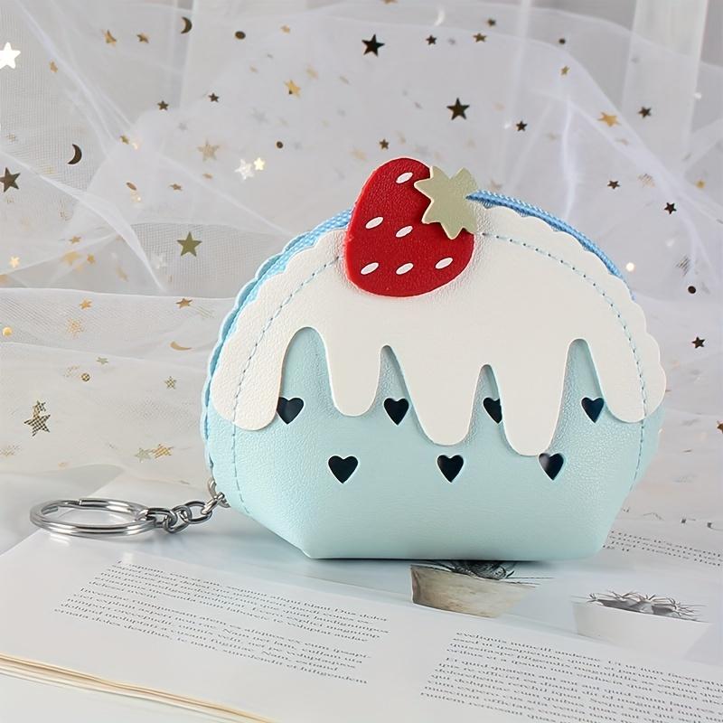 Girl's PU Leather Cartoon Strawberry Cake Heart Pattern Coin Purse Mini Cute Wallets With Keychain Outdoor Money Cards Storage Handbags