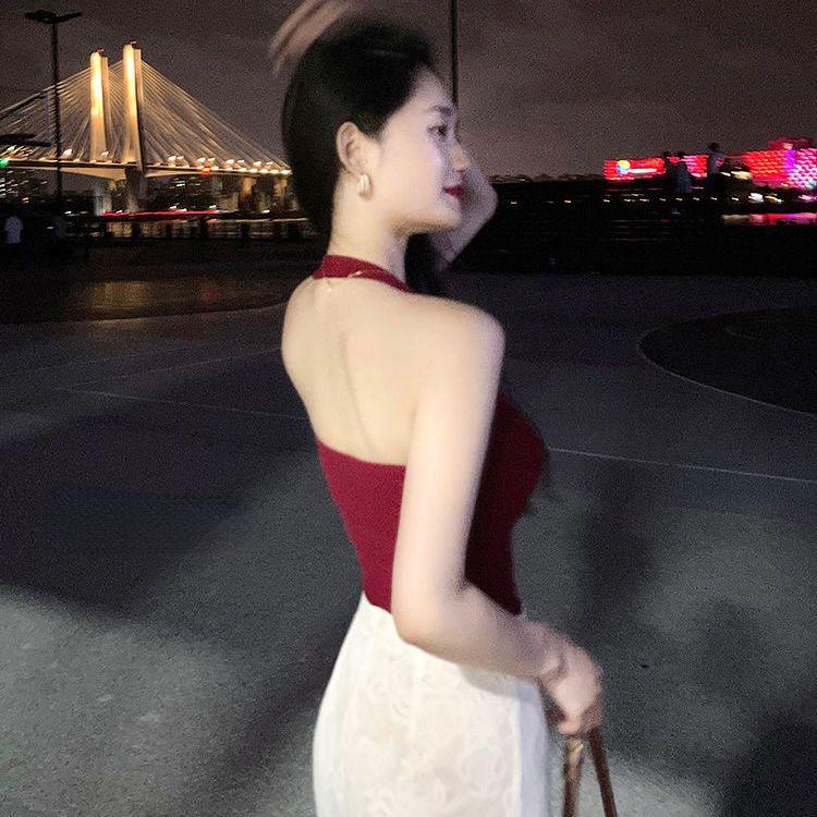 Women's Tops Vintage Sexy Solid Color Undershirt Niche Design Hanging Neck Undershirt Outside The Beauty Back Tops