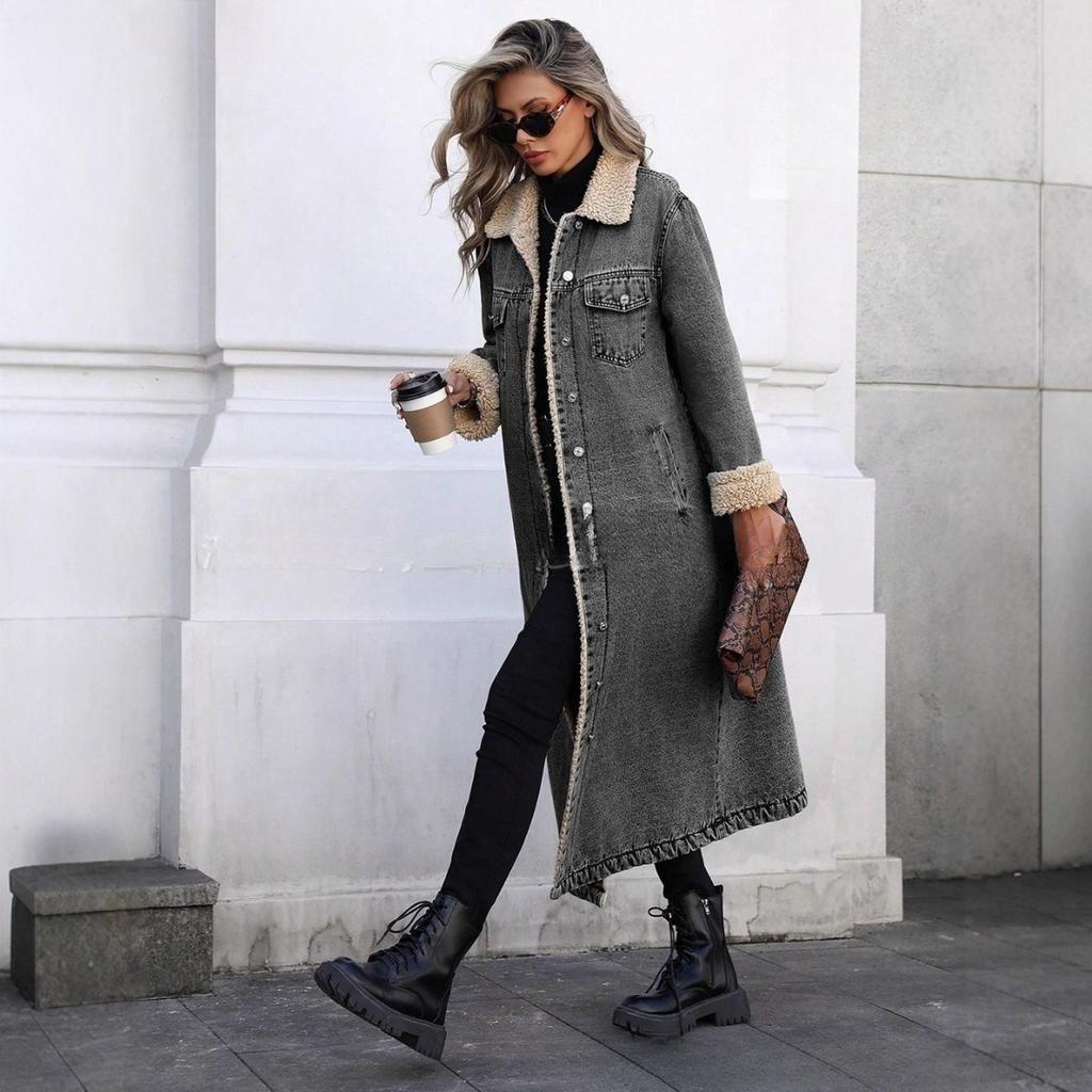 Women's Turn Down Collar Long Sleeve Denim Coat Loose Streetwear Sherpa Lined Long Trench Coat