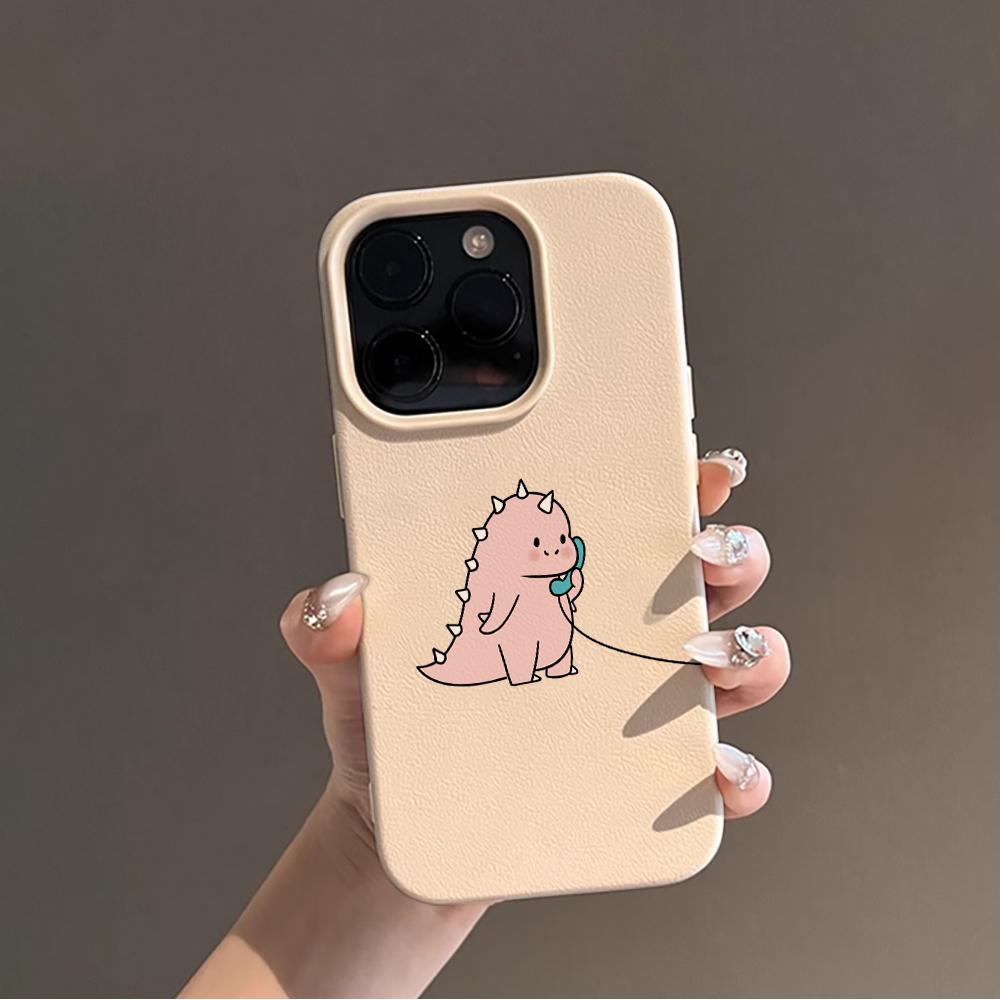 Adorable Talking Dinosaur Pair Couple Case For iPhone 17 Air 16 15 14 13 12 11 Pro Max Plus X Litchi Texture Protective Cover