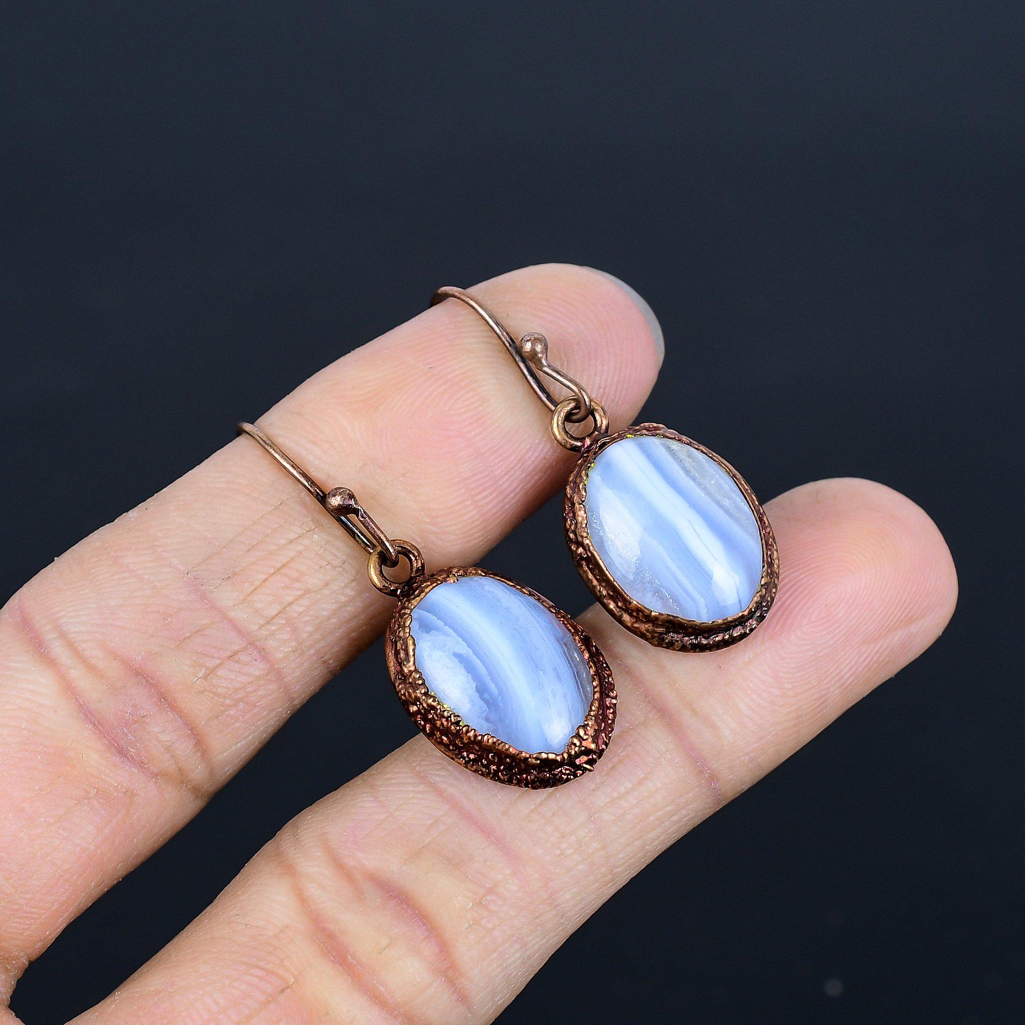 

Blue Lace Agate Handmade Gemstone Earrings, Copper Electroformed Earrings Antique Jewelry, Earrings For Engagement Gift 2.55 Inches