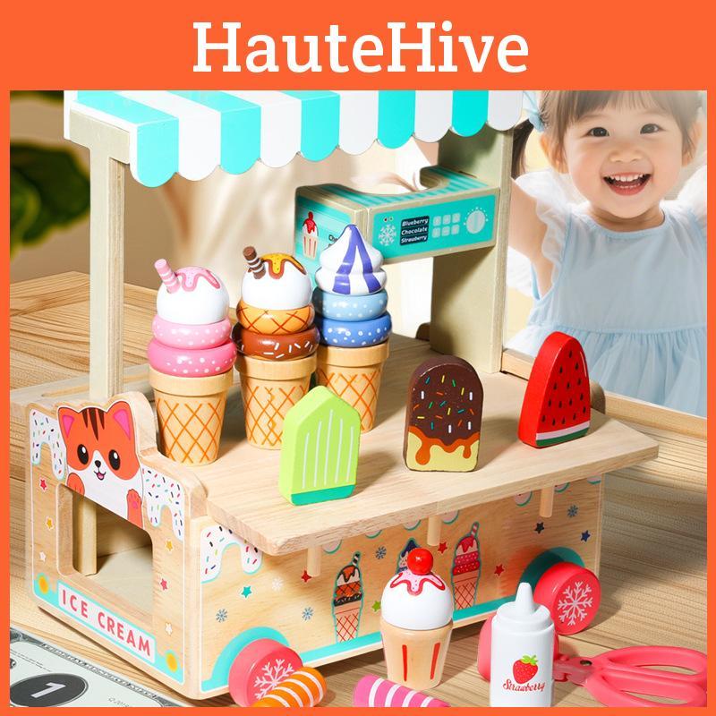 Simulation Wooden Ice Cream Cart Children Role Playing Toy Set For Play Imagine