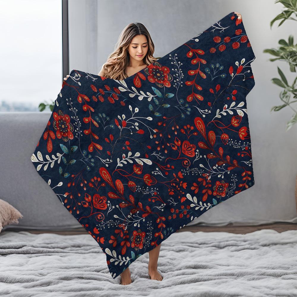 Dark Floral Print Fleece Blanket Soft Warm Throw Blanket For Sofa Bed Decorative Gift