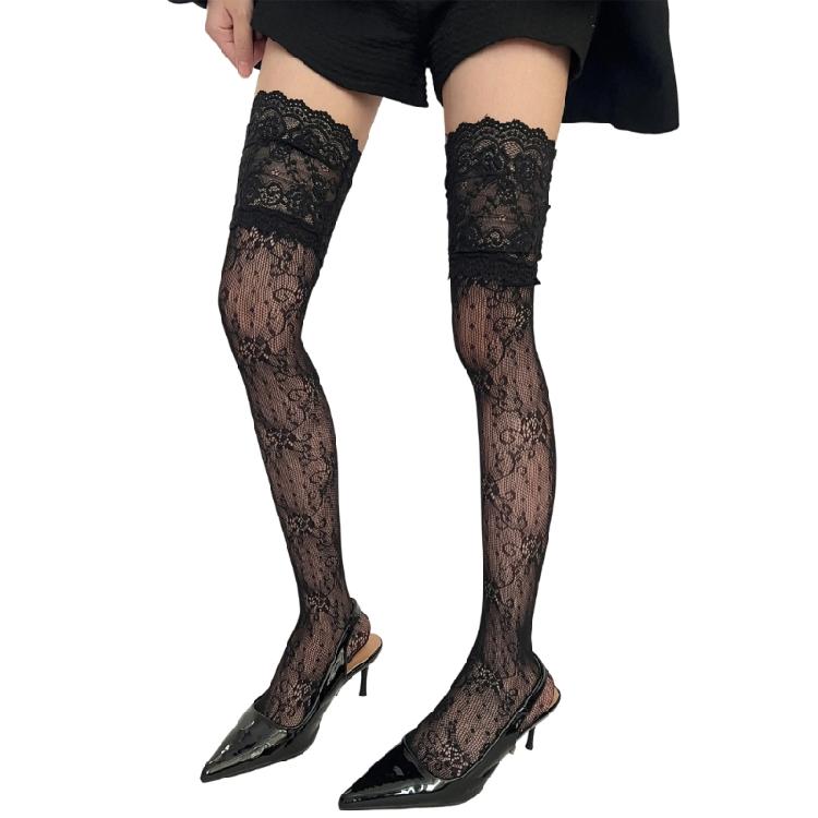 Elastic Nylon Thigh High Socks Vintage Floral Lace Fishnet Design Over Knee Stockings For Women Daily and Party Hosiery