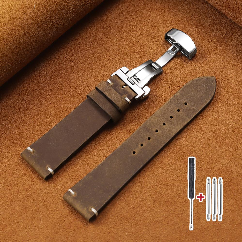 Vintage Brown Watch Band Butterfly Buckle Stitching Cowhide Strap for Omega 18mm 20mm 21mm 22mm 24mm Wrist Bracelet for Seiko