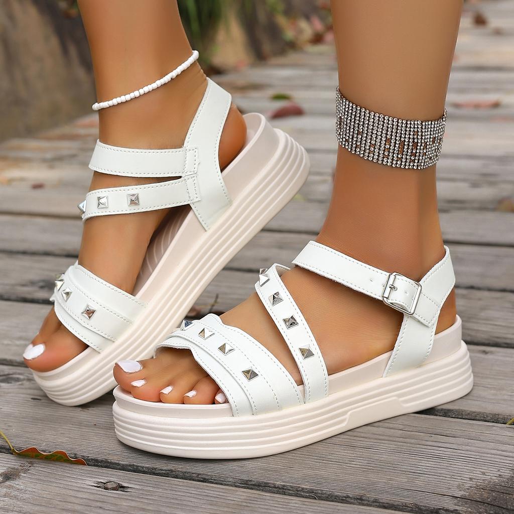 Fashion 2025 Summer Fashion Rivet Roman Flats Sandals for Women Thick Soled Open Toe Casual Slippers Outdoor Beach Sandals 35-40