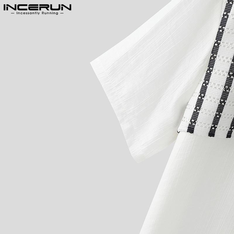 INCERUN Herren Reverskragen Kurzarm Gestreift Spitze Patchwork Lässig Oversized Hemden