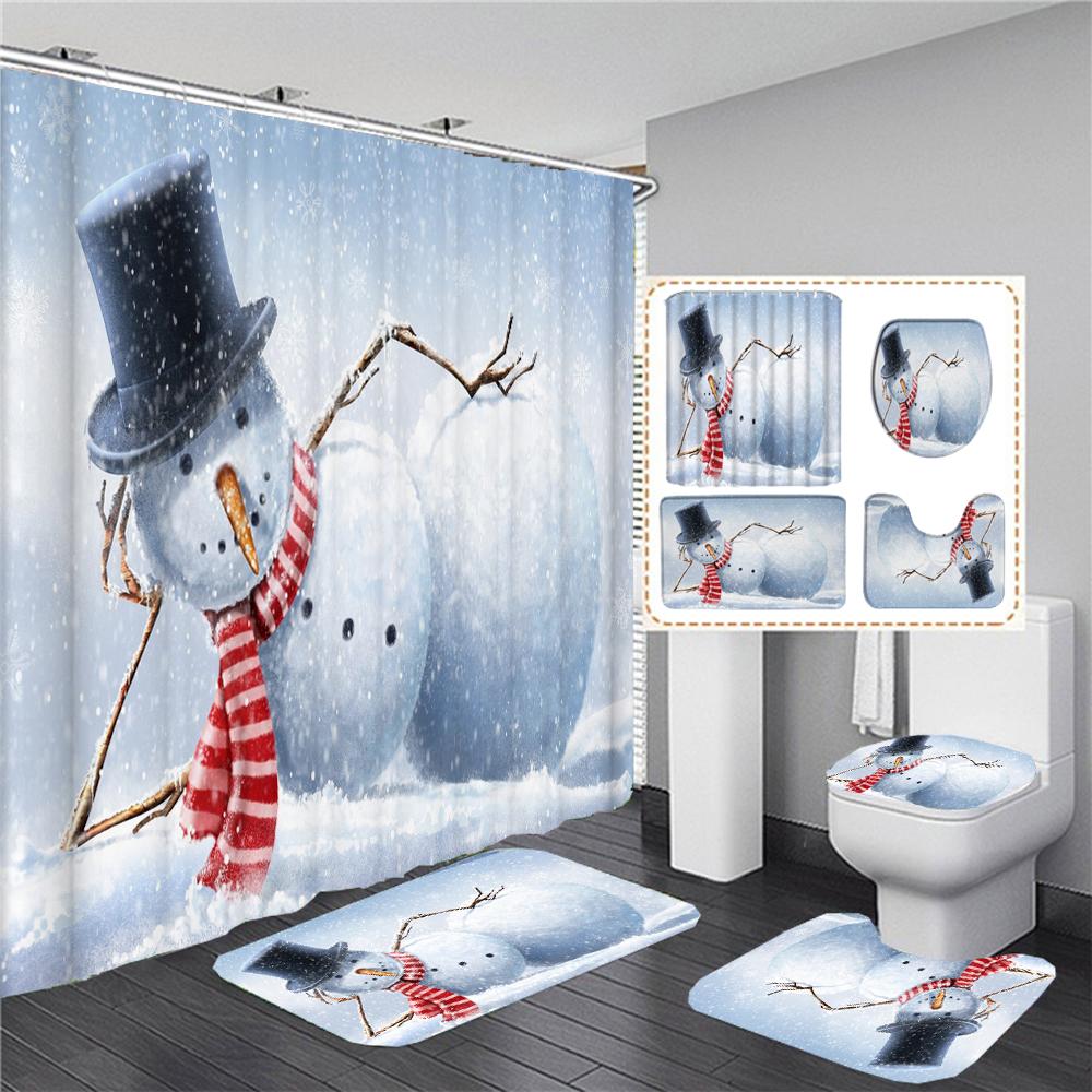 

Merry Christmas Shower Curtains Bathroom Curtain Set Santa Snowman Bath Mats Toilet Lid Cover Non-Slip Carpet Home Decor W60H190(CM)-1 Pcs