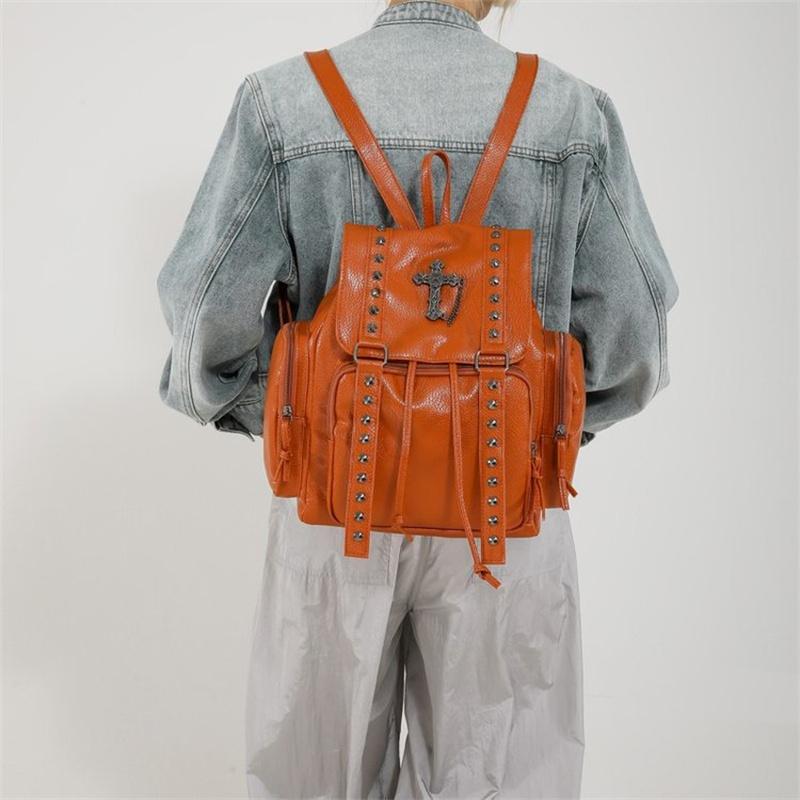 Yogodlns Nieten Rucksack Damen Gothic Punk PU Leder Schultertasche Damen Vintage Rucksäcke College Große Kapazität Schultasche