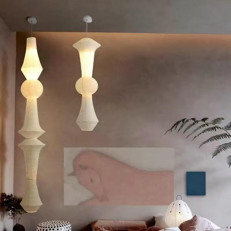 Japanese Wabi-sabi Style Isamu Noguchi Xuan Paper Long Vintage Chandelier for Aisles, Staircases, and Loft Window Displays.