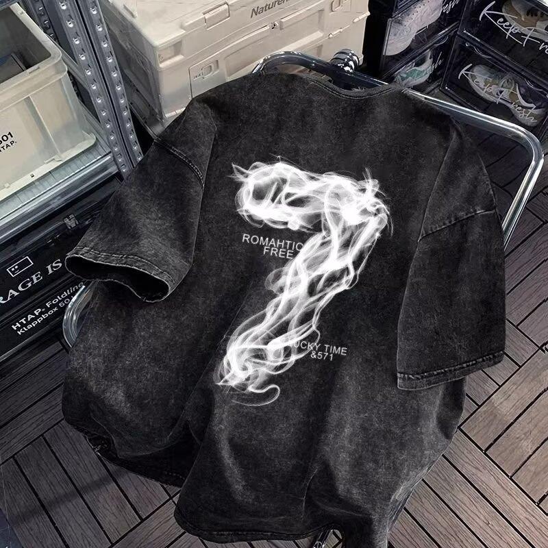 

Американская футболка в стиле ретро с цифрой 7 с коротким рукавом для мужчин, летняя новинка, тяжелая, свободная, повседневная парная футболка 5XL серый