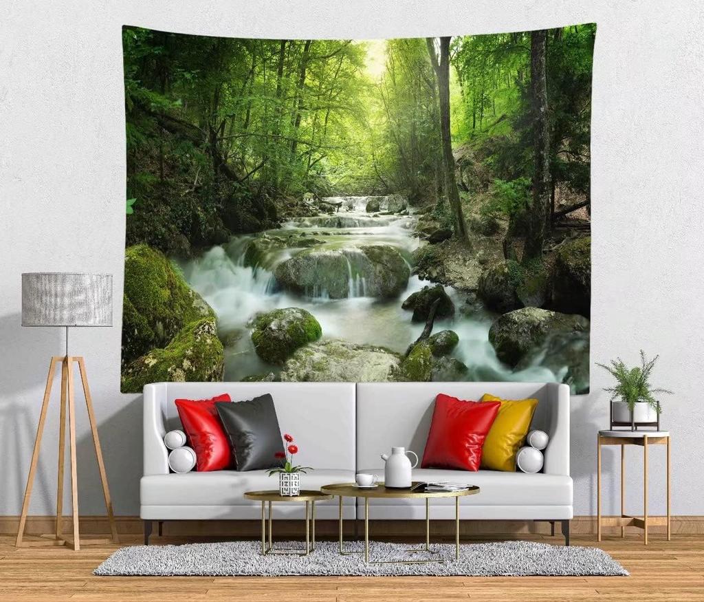 Grüner Wald Wandteppich Kulisse Kleiner Wasserfall Wandteppich Naturlandschaft Fluss Bach Wandbehang Waldlandschaft Wandteppich