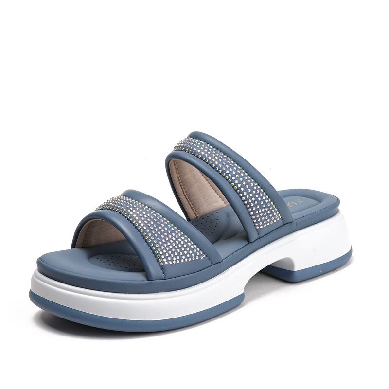 

Rhinestone sandals women s one-word women s shoes summer new thick-soled slope heel open-toed cool slippers women s outer wear 36