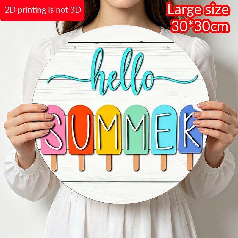 2D Flat "Hello Summer" Popsicle-Style Aluminum Decorative Signs and Plaques in Various Sizes. Colorful Popsicle Pattern Wall Decorations Suitable for