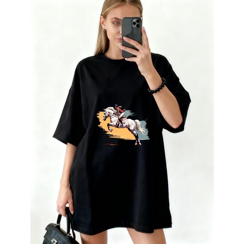 Oversized T Shirt Dress Black Horse Riding Graphic Print Casual Wear For Women