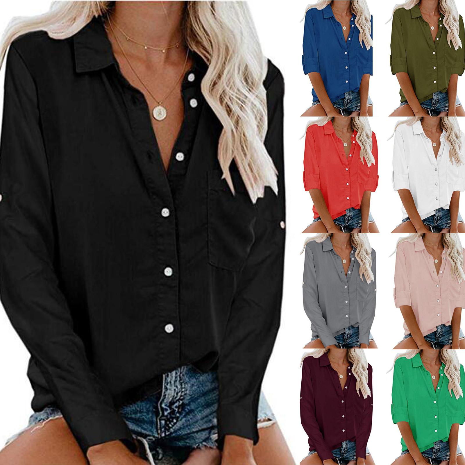 

Fashion Women s Solid Button Long Sleeve Lapel Pocket Top Shirt Blouses