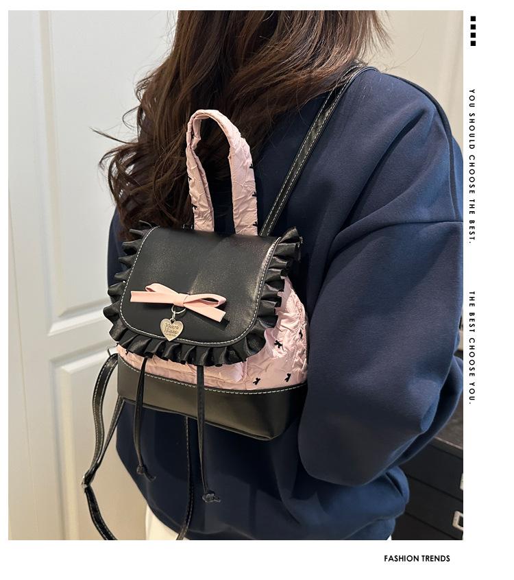 Exquisite Fashionable Women's Ballet Style Backpack Korean INS Trendy Bow Polka Dot Lace Trim Small Bucket Bag for Daily Travel