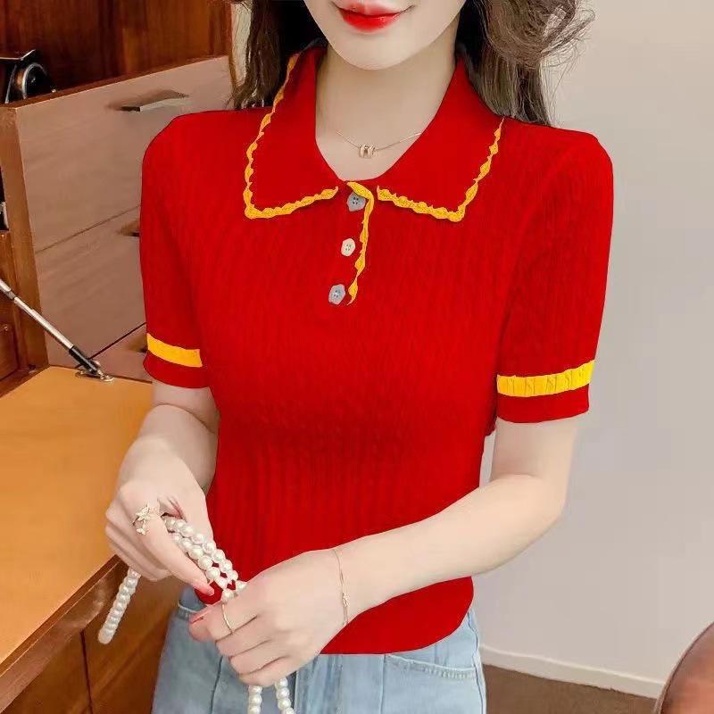 Women's Color Block Polo Collar Ice Silk Knit Top - Summer 2025 Edition
