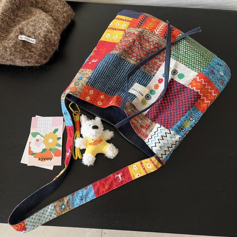 Double-sided bag Bohemian denim canvas bag Versatile commuter tote bag Available on both sides Retro contrasting color oblique