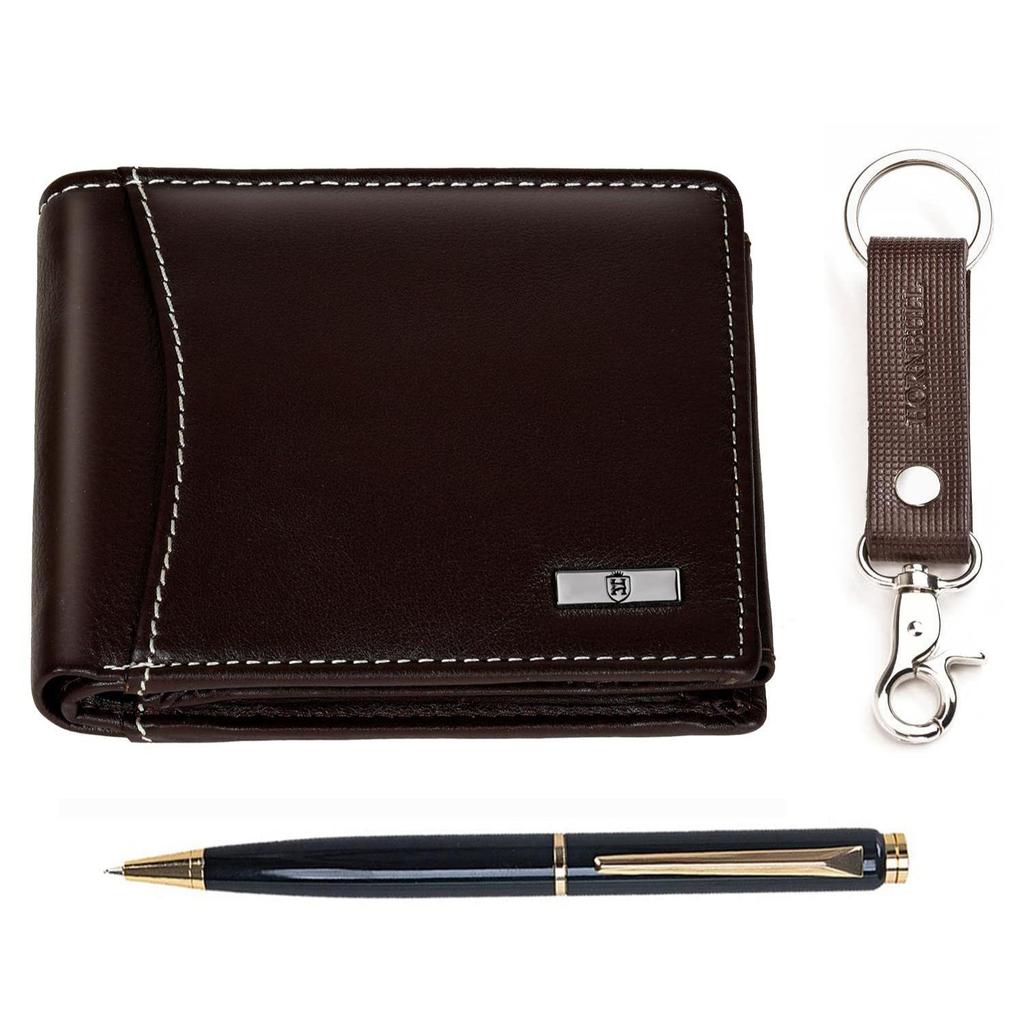 Themes Brown Mens Leather Wallet, Keyring & Pen Combo Gift Set for Men | Valentine's Day Gift Hamper for Men