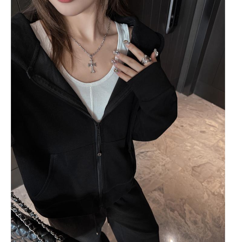 Classic autumn and winter solid color hooded sweater long-sleeved zipper thickened jacket women's sports loose casual versatile top