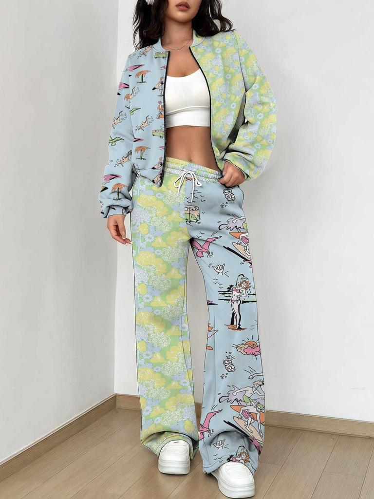 Casual Fashion Autumn and Winter New European and American Women's Clothing Color Flower Printing Suit Women
