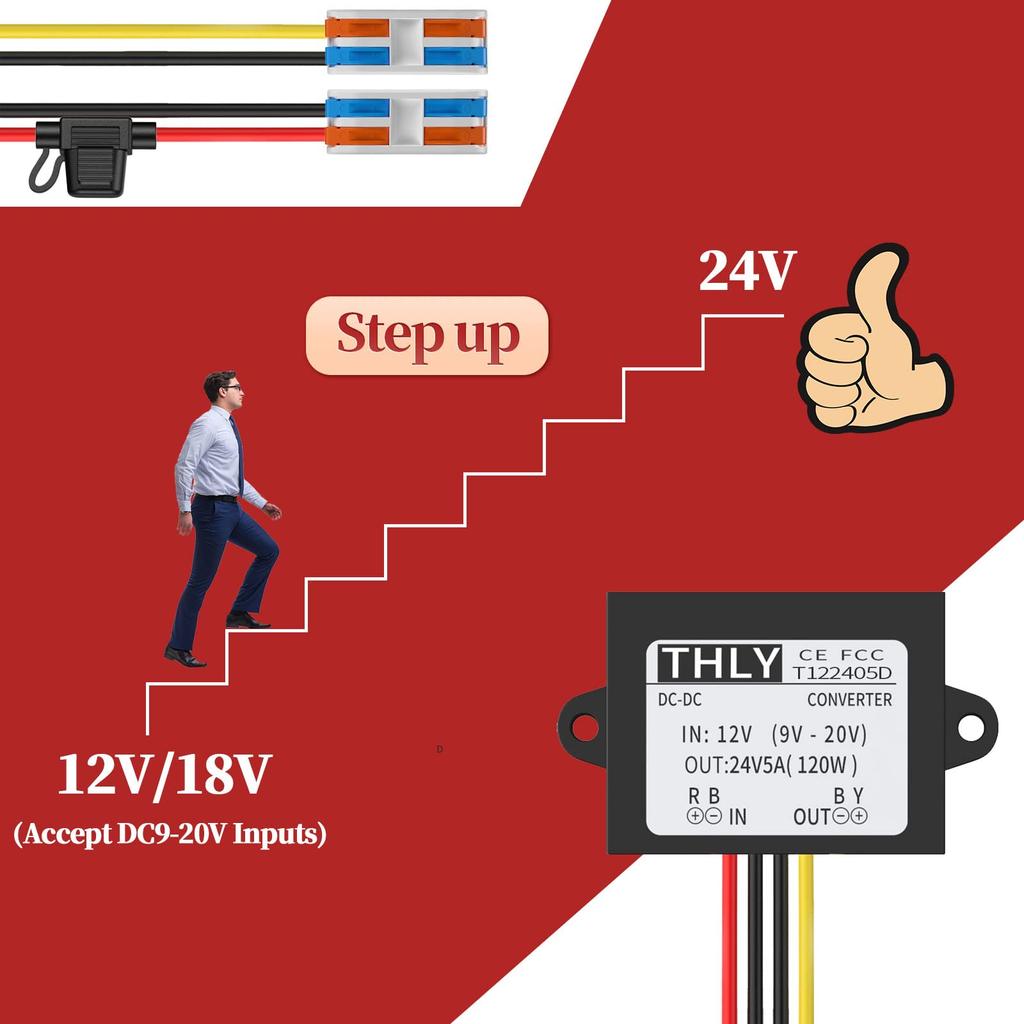 12VDC-24VDC Converter 5A 120W 120W Boost Converter with Fuse Waterproof and Wiring Terminals Golf