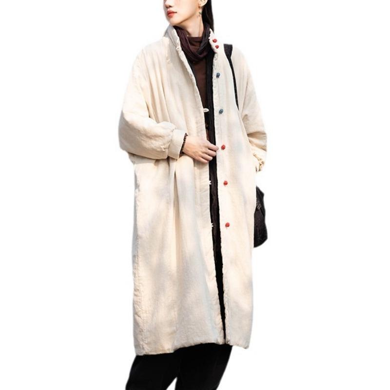 25 cotton and linen women's original new loose retro sand wash disc buckle long cotton clothes women's padded cotton clothes