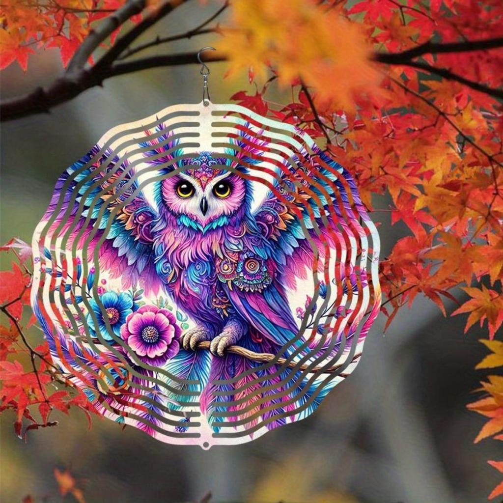 Metal Rotating Wind Chime with Owl and Floral Design Colorful Outdoor Garden Decor Soothing Sound No Electricity Needed Holiday Home