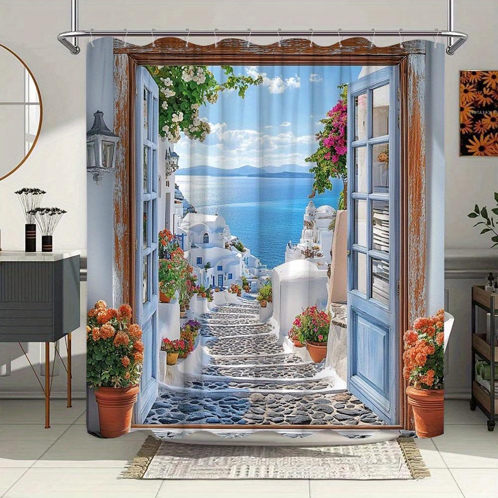 Tenda Doccia Isole Greche - Edifici Bianchi, Mare Azzurro e Fiori, Scena Mediterranea Vivace, Resistente all'Acqua