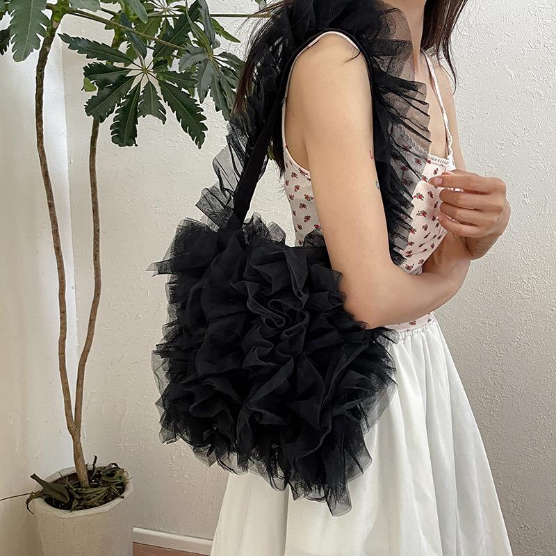 Ruffled Yarn Shoulder Bag Tulle Lace Tote Bag Pleated Underarm Bag Solid Color Tote Purse for Women Work Shopping Travel