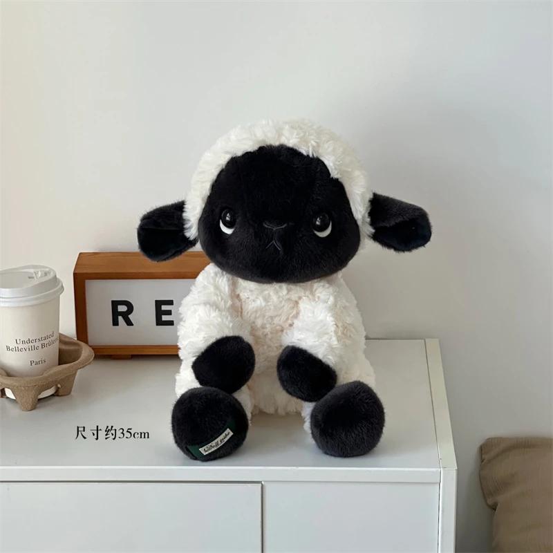 Black Face Sheep Plush Doll Sitting Large Lying Sheep Pillow Fluffy Curly Fur For Sofa Bed Indoor Aesthetic Decor Ornament