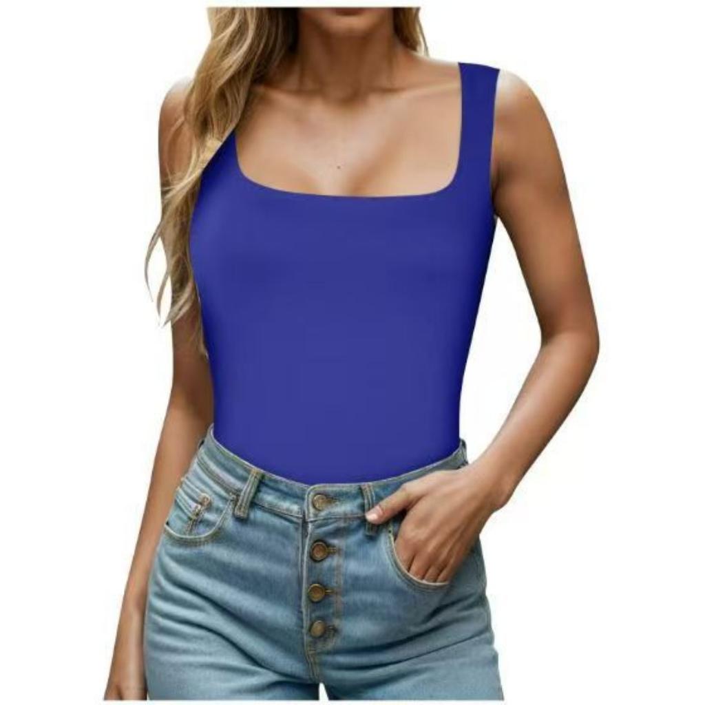 New Summer Women's Square Neck Sleeveless Double Layer Basic Slim Fit Tank Top Black