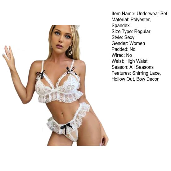 2 Pcs/Set Bra Panties Set Hollow Out Shirring Lace Bow Decor Solid Color Adjustable Strap Thin Bra High Waist Open Crotch G-string Night Underwear Set