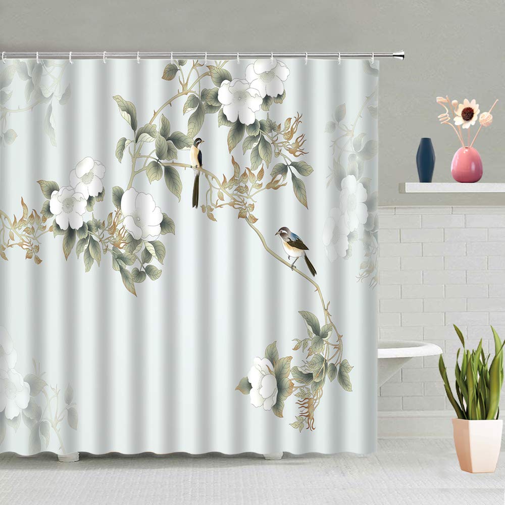 

Hand Drawn Vintage Flowers Waterproof Fabric Shower Curtains For Bathroom, Magnolias Bathroom Curtains Bathtub Decor With Hooks W60H190(CM)-1 Pcs